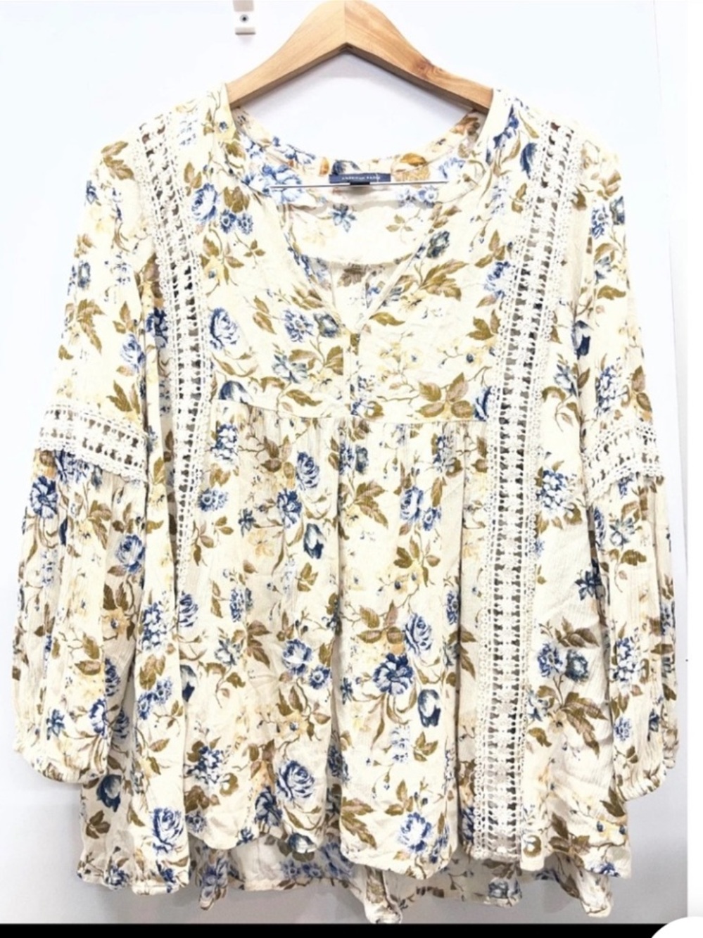 Vintage Y2K American Eagle Boho Tunic Crochet Floral Top MEDIUM Long Sleeve